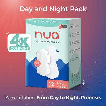 Nua Day & Night Sanitary Pads | Pack of 12 (8 XL Day + 4 XXXL Night Pads