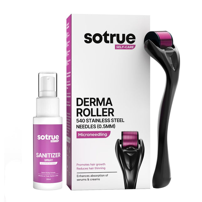 Sotrue Derma Roller 0.5mm with Sanitizer | 540 Stainless Steel Needles -Black