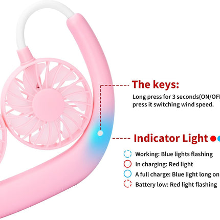 Portable Neck Fan Rechargeable Personal Hand-Free Fan Mini USB Wearable Neckband Sport Fan, 3 Speed Adjustable, 360 Degrees Free Rotation Perfect for Working, Traveling, Office, Reading (pink)