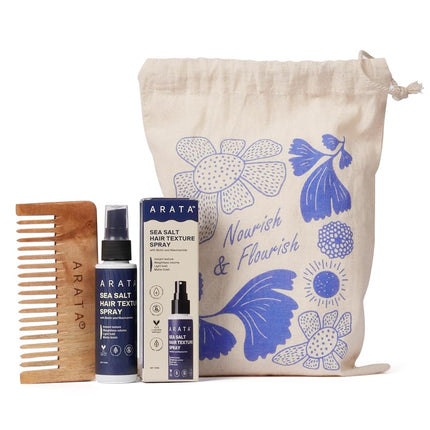 Arata Hair Volumizing Sea Salt Spray (50ml) & Detangling Wooden Comb | Enriched with Niacinamide & Biotin