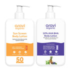 Aravi Organic De-Tan Body Lotion Combo | AHA BHA Body Lotion & SPF 50 PA++++ Sunscreen