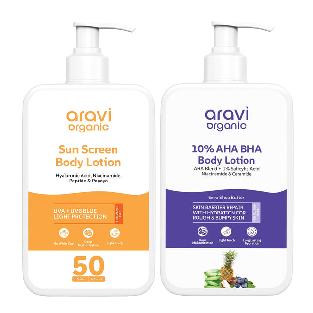 Aravi Organic De-Tan Body Lotion Combo | AHA BHA Body Lotion & SPF 50 PA++++ Sunscreen