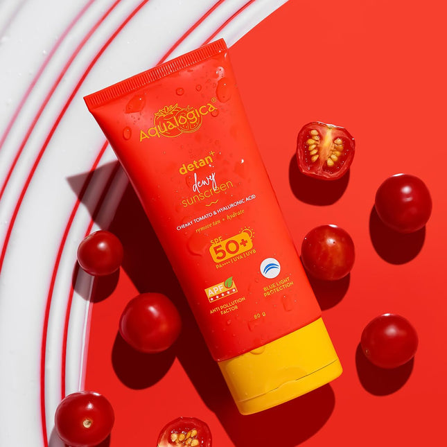 Aqualogica Detan+ Dewy Sunscreen SPF 50+ PA++++ with Cherry Tomato & HA - 80 g