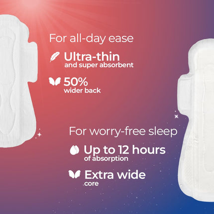 Nua Day & Night Sanitary Pads | Pack of 12 (8 XL Day + 4 XXXL Night Pads