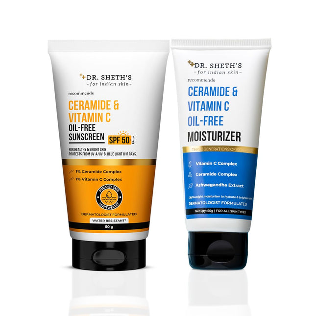Dr. Sheth's Ceramide & Vitamin C Oil-Free Duo |Spf 50 Sunscreen & Moisturizer Combo For Oily Skin 50 G X 2