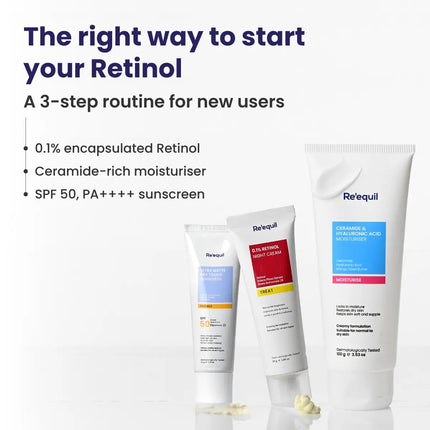 RE' EQUIL 50 Spf All The Retinol Starter Bundle (0.1% Retinol Night Cream 30Gm, Ultra Matte Sunscreen 20Gm Moisturiser 100Gm