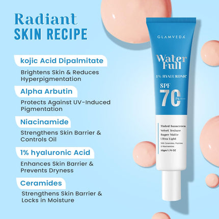 Glamveda Water Full 1% Hyaluronic Tinted Sunscreen SPF 70 PA++++ With Ceramides 50g