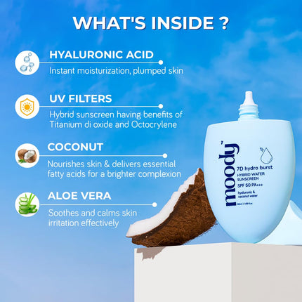 Moody Hydro Burst Water Sunscreen With Hyaluronic & SPF 50 PA ++++ UVA/B Protection-50ml