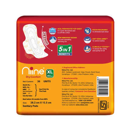 Niine Dry Comfort XL Sanitary Pads for Women |36 Pads, Pack of 1| 282 mm