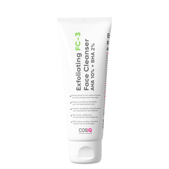 Cos-IQ Exfoliating Face Wash for Oily & Dry Skin | 2% Salicylic Acid BHA & 10% Glycolic Acid AHA | 100ml