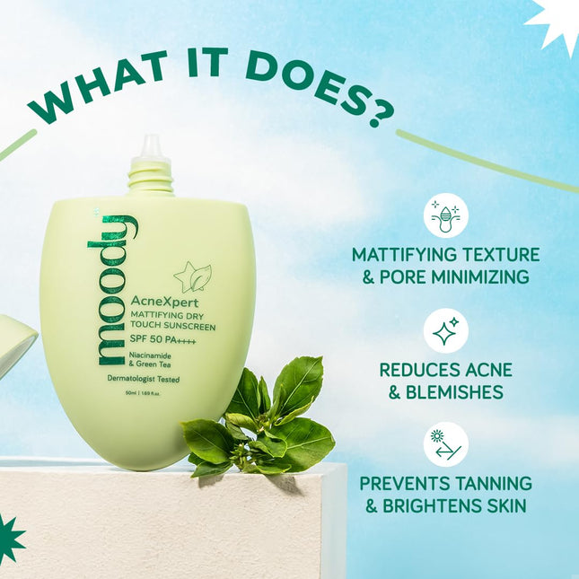Moody AcneXpert Ultra Matte Dry Touch Sunscreen Gel with Niacinamide & Green Tea -50ML