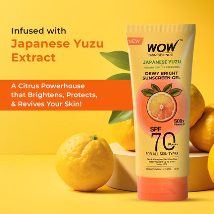 WOW Skin Science Japanese Yuzu + Vitamin C with 5 Ceramides Dewy Bright Sunscreen Gel | SPF 70 PA++++ 80ml