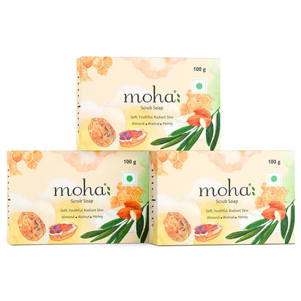 Moha Honey & Almond Scrub Soap with Walnut Powder Ayurvedic Body Soap Bar - 100gm Pack of 3