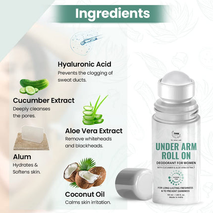TNW-THE NATURAL WASH Underarm Roll-On Deodorant  With Cucumber, Aloe Vera, Coconut Oil & Hyaluronic Acid- 50ml