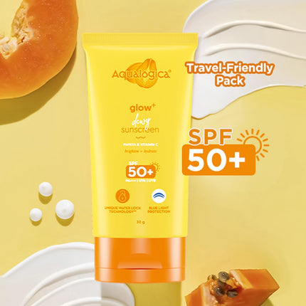 Aqualogica Glow+ Dewy Sunscreen Gel SPF 50 PA++++ with Papaya & Vitamin C | For Dry, Sensitive, Oily & Combination Skin-30g