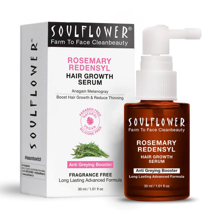 Soulflower Hair Growth Serum, Rosemary Oil, 3% Redensyl, 4% Anagain, Caffeine, Melanogray, Biotin, Rice Water - 30ml