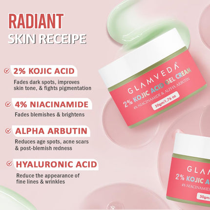 Glamveda 2% Kojic Acid Gel Cream with Niacinamide & Alpha Arbutin - 50gm