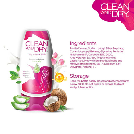 Clean and Dry| Daily Intimate Wash| Hygiene Wash For Women, Vaginal Wash -90ml
