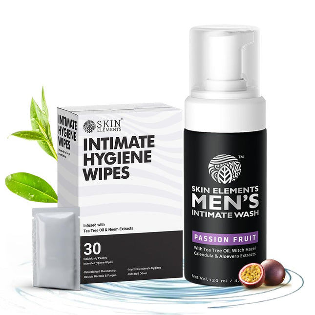 Skin Elements Intimate Hygiene Combo | Intimate Wash Men With Passion Fruit 120 ml+ 30 Wipes
