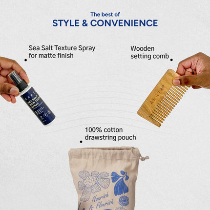 Arata Hair Volumizing Sea Salt Spray (50ml) & Detangling Wooden Comb | Enriched with Niacinamide & Biotin
