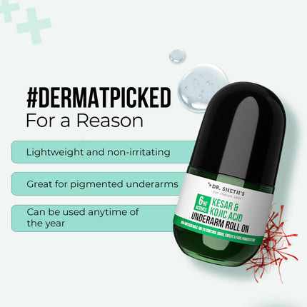 Dr. Sheth's Kesar & Kojic Underarm ROLL-ON|6% Actives-AHA,Kojic Acid & Niacinamide-50ml