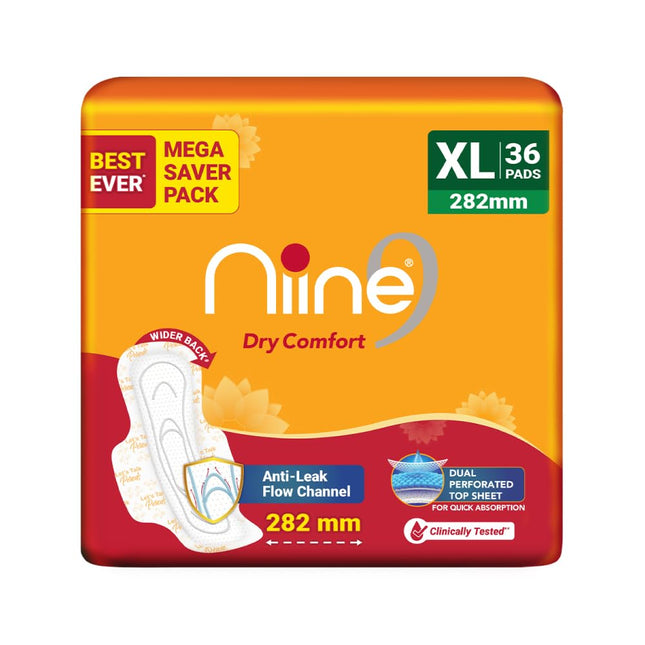 Niine Dry Comfort XL Sanitary Pads for Women |36 Pads, Pack of 1| 282 mm