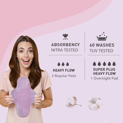 Sirona Reusable Pad for Women and Girls | (Pack of 4)| 3 Regular Pads + 1 Overnight Pad