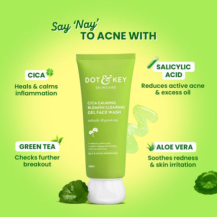 Dot & Key CICA Face Wash for Acne Prone Skin, 2% Salicylic Acid with Green Tea-100ml