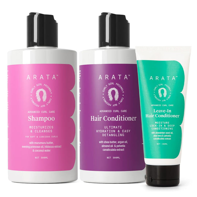 Arata Curl Enhancing Combo of 3 | Shampoo (300 ML), Rinse-Out Conditioner (300 ML) & Leave-In Conditioner (100 ML)