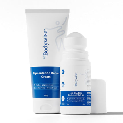 Be Bodywise Advanced Pigmentation Kit | With 6% AHA BHA Flora Underarm Roll-On (50ml) & Pigmentation Repair Cream (100g)