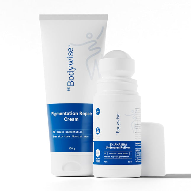 Be Bodywise Advanced Pigmentation Kit | With 6% AHA BHA Flora Underarm Roll-On (50ml) & Pigmentation Repair Cream (100g)