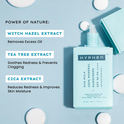 Hyphen Sun Milk 100% Mineral Sunscreen Spf 50 Pa++++ Uv+ Bluelight Protection, 25% Nano Zinc Oxide | 50ml