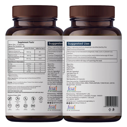 Miduty Chelated Magnesium Bisglycinate 1000mg - 60 Veg Capsules