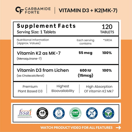 Carbamide Forte Vitamin D3 K2 Supplement | 120 Tablets