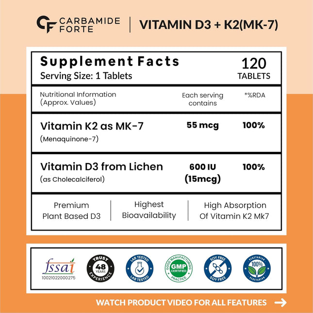 Carbamide Forte Vitamin D3 K2 Supplement | 120 Tablets