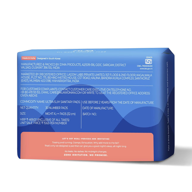 Nua All Night Comfort Sanitary Pads | Pack of 30 (XL++ 320mm)