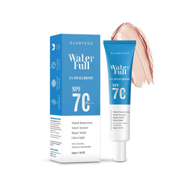 Glamveda Water Full 1% Hyaluronic Tinted Sunscreen SPF 70 PA++++ With Ceramides 50g