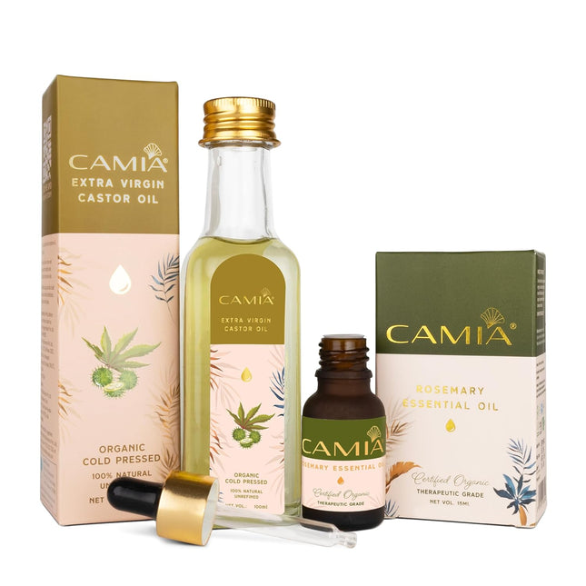 CAMIA Premium Cold Pressed Organic Castor Oil, 100 ML + Rosemary Essential Oil