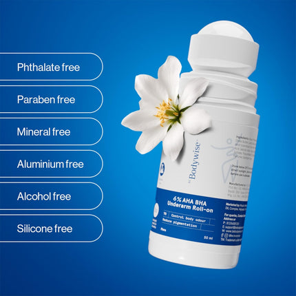 Be Bodywise 6% AHA BHA Underarm Roll On Deodorant,Flora Fragrance,1% Mandelic, 4% Lactic,1% Salicylic & Kojic Acid-50ML