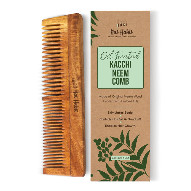 Nat Habit Kacchi Neem Wooden Comb, Soaked In 17 Herbs Neem & Sesame Oil