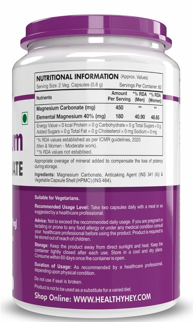 HealthyHey Nutrition Magnesium Carbonate 450mg - 120 Vegetable Capsules