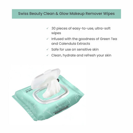 Swiss Beauty Clean & Glow Makeup Remover Wipes With Green Tea-30 Wipes