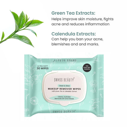 Swiss Beauty Clean & Glow Makeup Remover Wipes With Green Tea-30 Wipes