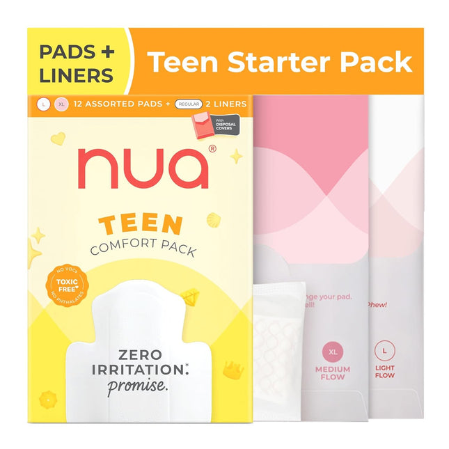 Nua Teen Comfort Sanitary Pads for Teens | Sanitary Pads 14 Count (12 Pads + 2 Liners)
