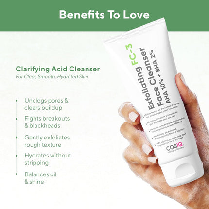 Cos-IQ Exfoliating Face Wash for Oily & Dry Skin | 2% Salicylic Acid BHA & 10% Glycolic Acid AHA | 100ml