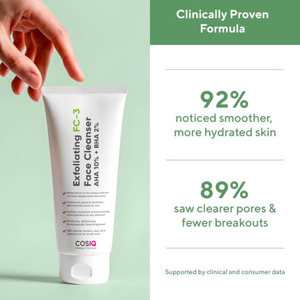 Cos-IQ Exfoliating Face Wash for Oily & Dry Skin | 2% Salicylic Acid BHA & 10% Glycolic Acid AHA | 100ml