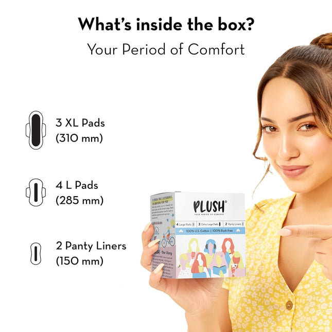Plush Ultra-Thin Sanitary Pads 7 Cotton Sanitary Napkins- Pack of 4 | 3 Medium Flow XL + 4 Light Flow L + 2 Panty Liners
