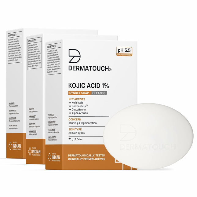 DERMATOUCH Kojic Acid 1% Soap with Glutathione | For Pigmentation & Sun damage | Soap for Men & Women | Suitable for All Skin Types | 75g x 3