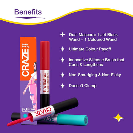 Swiss Beauty Craze It's Extraa Dual Non -Flaky Mascara | With Silicon Brush -10gm