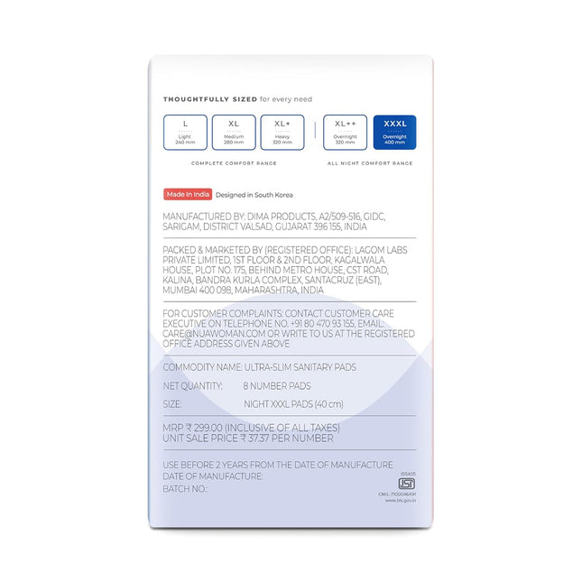 Nua All Night Comfort Sanitary Pads | Pack of 8 (XXXL 400mm)